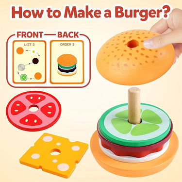 BurgerStack | Jugar a apilar de forma lúdica - Set de hamburguesas de madera Montessori